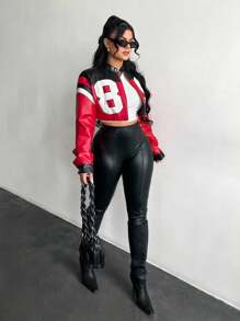 SHEIN SXY Damen Lässig Kontrast Farbige Numerisches Muster Kurze Jacke