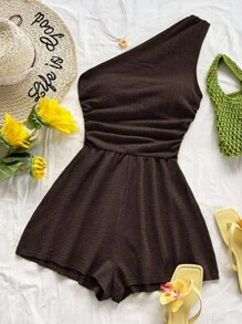 Soleia Women's Asymmetrical Shoulder Jumpsuit, Suitable For Summer Vacation, Brunch, Mother's Day, Graduation, Church, Beach, Music Festival, Airport, Afternoon Tea - Coffee Brown - View 6