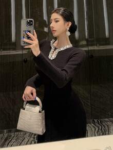 DAZY 女式优雅亮片装饰修身针织连衣裙秋冬舞会礼服毛衣裙 - 黑色 - 查看 4