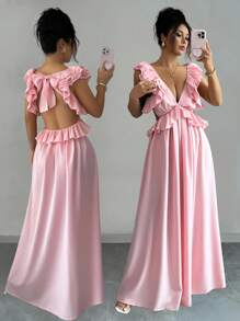 Elenzga Women Sexy Solid Deep V-Neck Tie Backless Layered Ruffle Trim Long Dress Fall Cloth For Women - Pink - View 1