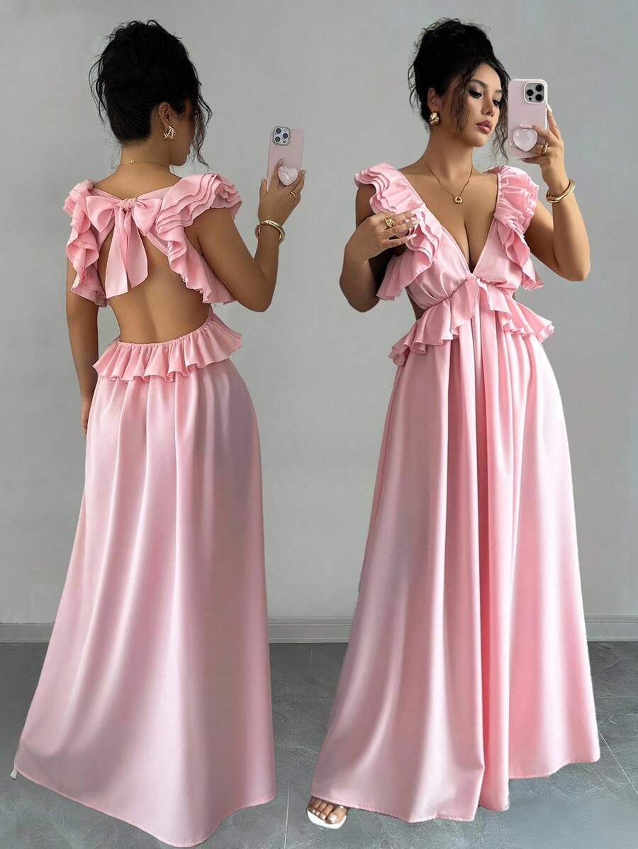 Elenzga Women Sexy Solid Deep V-Neck Tie Backless Layered Ruffle Trim Long Dress Fall Cloth For Women - Pink - View 1