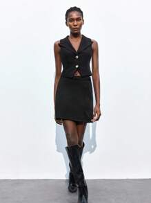 Maija 2025秋冬新款黑色短款束腰金属扣背心，现代优雅都市浪漫西部朋克Y2K乡村音乐节复古风韩版机场旅行街头风婚礼宾客生日万圣节商务休闲办公室约会派对郊游机场返校秋季女装 - 黑色 - 查看 3