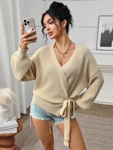 INAWLY Women's Fashion Wrap Tie Long Sleeve Cardigan - Apricot - View 5