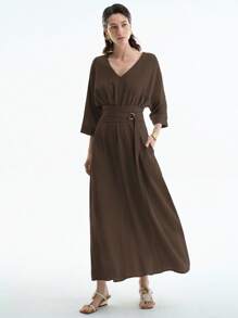 Aalyst 女士优雅简约高端休闲度假连衣裙，V 领，插肩袖，腰带，金属 D 形环装饰，A 字形，3/4 袖，中长款，春夏 - 咖啡棕 - 查看 5