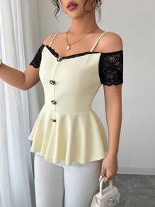 Elenzga 女士优雅蕾丝边露肩短袖休闲T恤，带装饰纽扣，腰部收紧，夏季 - 杏色 - 查看 6