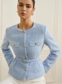 Revavyn Vải Tweed, Thắt lưng trang trí eo, Thiết kế thời trang đa năng thanh lịch và tinh tế cho áo khoác nữ - Màu xanh lam - Xem 1