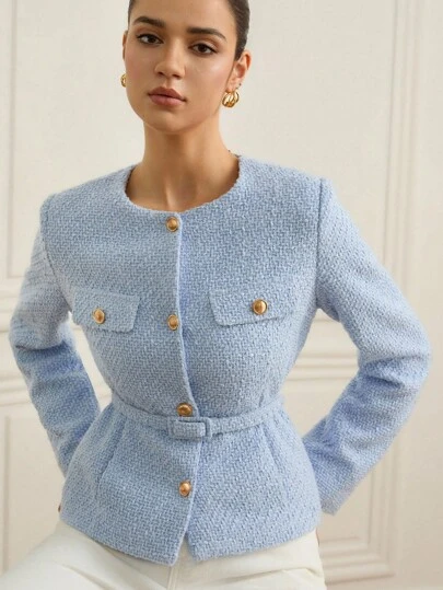 Aveloria Rosie 트위드 소재, 허리 조임 허리 장식, 우아하고 세련된 다용도 패션 디자인 여성 재킷