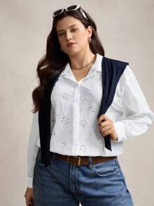 SHEIN LUNE Große Größen Urlaub Casual Einfarbig Hollow-Out Stickerei Shirt Herbst Damen Kleidung Schulkleidung Stockholm Stil Country Outfits Damen Vintage Kleidung Damen Lehrer Outfits für Frauen Alle Weiß - Weiss - Übersicht 8