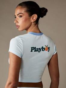 Missguided x Playboy Áo thun cotton pha trộn kiểu dáng cổ điển, cài nút, vừa vặn, thoải mái, mùa hè, áo thun Henley cơ bản, tay ngắn, viền tương phản, họa tiết hình chú thỏ - Màu xanh lam - Xem 2