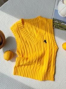 Comfortcana 大码 V 领扭结骑马标志休闲毛衣背心，秋冬 - 黃色 - 查看 4