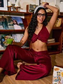 Miss Vinta Women's Twist Knot Backless Halter Top & Ruffle Hem Pants Pajama Set - Burgundy - View 4