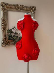 SHEIN Belle Elegant Red Handmade Large Three-Dimensional Flower Stand-Up Collar Backless Short Body Shaping Bandage Formal Dinner Cocktail Dress - Red - View 2