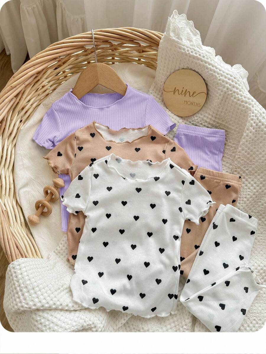 6pcs/Set Baby Girl Heart Pattern Ruffle Trim Round Neck Short Sleeve Pajama Set, Soft & Skin-Friendly - Multicolor - View 1