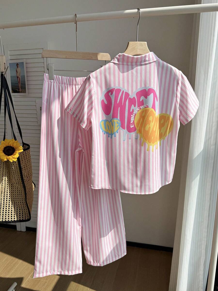 SHEIN 青少年女孩休闲街头时尚条纹衬衫和裤子 T 恤套装,适合度假、户外、学校、Ins - 粉色 - 查看 1
