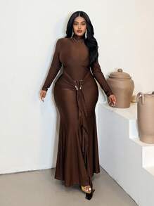 Maweii Große Größen Damen Neuer Herbst Schlangen Metall Dekor Volant Saum Figurbetontes Langarm Kleid