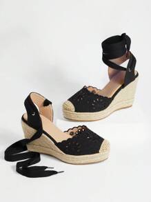 Solezae 波西米亚风手工系带刺绣黑色帆布坡跟厚底凉鞋 | 适合音乐节和海边晚餐 - 黑色 - 查看 9