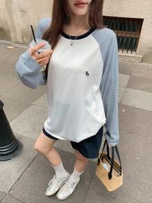 DAZY 女式圆领条纹拼接长袖刺绣装饰休闲宽松T恤秋季上衣 - 白色 - 查看 6