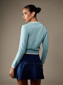 MISSGUIDED Classic Button Front Cropped Cardigan Retro Preppy Style Layered Trim Knit Sweater Y2K Fashion Fall Winter Slim Fit Knitwear - Blue - View 2