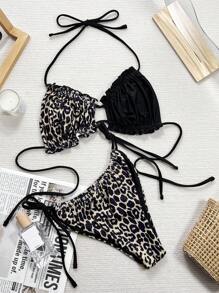 Swim SXY 2025 Leopard Print Bikini Set, Beach Vacation For Summer - Black - View 3