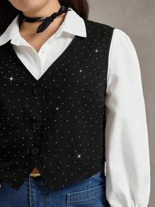 Zelara 大码秋季商务休闲复古斯德哥尔摩风格外出教师复古商务休闲水钻细节衬衫，秋冬返校狂欢音乐会返校节办公室穿着商务纽扣衬衫