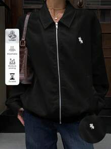 Muchica 女士黑色梭织休闲常规夹克，前拉链和骑士印花黑色夹克女士亚麻夹克女士拉链夹克女士秋冬 - 黑色 - 查看 7