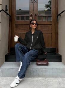 Muchica 女士黑色梭织休闲常规夹克，前拉链和骑士印花黑色夹克女士亚麻夹克女士拉链夹克女士秋冬 - 黑色 - 查看 5