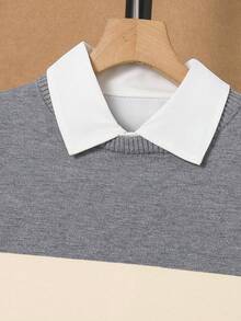 男童休闲撞色条纹针织圆领套头毛衣，秋冬季上衣 - 霧霾藍 - 查看 6