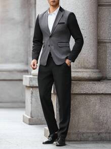 Manfinity Bizformal 男士撞色翻领长袖夹克和裤子休闲西装套装 - 彩色 - 查看 5