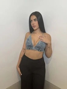 Lucia Bellido Tie Backless Crop Denim Top - Light Wash - View 3
