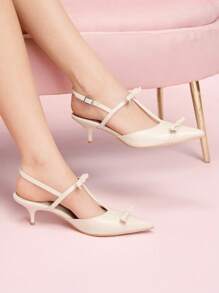 CUCCOO DOLLMOD White Bow Closed Toe French Elegant Romantic Fashion Date Afternoon Tea Pointed Toe High Heel Pumps - Beige - View 1