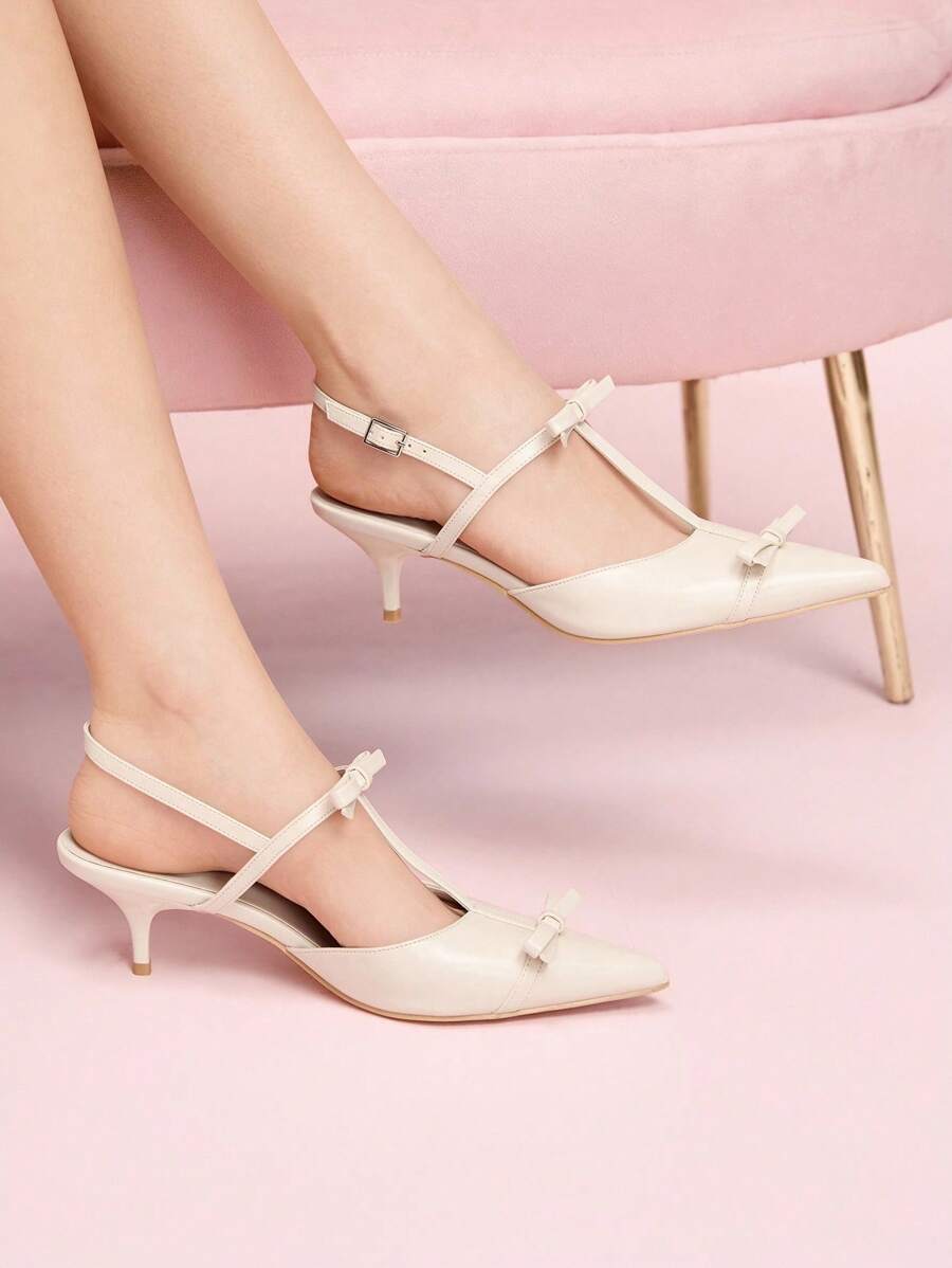 CUCCOO DOLLMOD White Bow Closed Toe French Elegant Romantic Fashion Date Afternoon Tea Pointed Toe High Heel Pumps - Beige - View 1