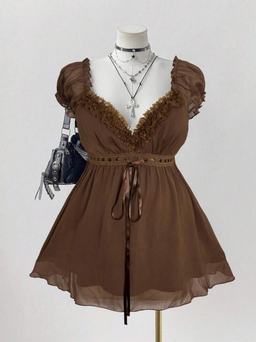 Sunspun Áo kiểu thời trang cỡ lớn dành cho nữ, phối ren tương phản, thắt eo. - màu nâu - Xem 1