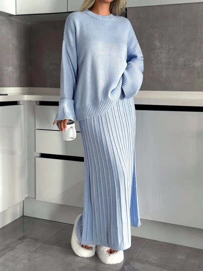 EURMUSE Lässiges Crew-Neck Oversized Pullover mit Drop-Shoulder und gemütlicher Passform & maxirock mit plissierter A-Linie Form für Damen, tägliches smart-Lässig Strick-Set für Frauen