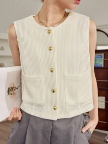 DAZY Women's Casual Sleeveless Solid Color Round Neck Fitted Jacket, Autumn Vest - Beige - View 6