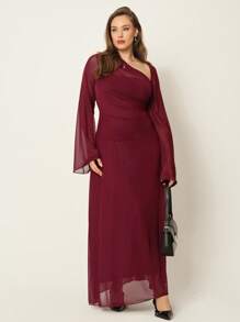 Auralis 大码女式纯色不对称领口长袖褶饰优雅连衣裙 - 酒紅色 - 查看 6