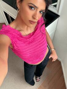 Roylia Summer Casual Solid Color Textured Slim Fit Cropped T-Shirt Powdered Rose - Hot Pink - View 3