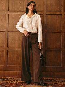 Poéselle Women's Elegant Espresso Brown High-Rise Tailored Wide-Leg Trousers,Pleated Office Dress Pants,Autumn Quiet Luxury Wardrobe,Slouchy Work Casual Pants - Brown - View 5