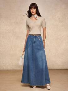 House of One High-Waist A-Line Women Casual Old Money Fall Women Clothes Versatile Denim Flared Skirt Spring Summer Autumn Maxi Denim Skirt Long Jean Skirt Women Denim Skirts Denim Maxi Skirt Long Denim Skirt Fall Outfits Business Professional Women Business Casual Woman - Medium Wash - View 1