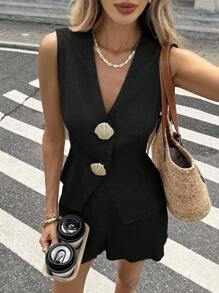 Serisse Conjunto casual de 2 piezas de chaleco con espalda anudada y shorts de mujer con detalles de concha metálica