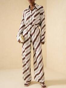 Lyxana Women's Commuting Minimalist Contrast Striped Pants Fall Cloth For Women - Apricot - View 6