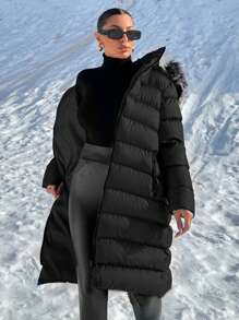 EURMUSE Faux Fur Lined Double Zipped Puffer Winter Coat - Black - View 5