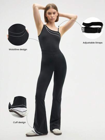 Eassivo Eassivo Women's Black Asymmetric Neck Sleeveless Flare Leg Athletic Jumpsuit,Activewear With Adjustable Straps And Chic Waistline Design