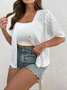 SHEIN Tall CURVE Women's Button Front Short Sleeve Knitted Cardigan, Plus Size Open Knit Cardigan For Autumn Winter Fall