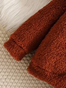 SHEIN 2 件套男婴加厚法兰绒泰迪熊刺绣连帽长袖卫衣和松紧腰裤套装，儿童服装，婴儿服装，婴儿装，婴儿上衣，男婴泰迪熊套装，适合秋冬季 - 棕色 - 查看 5