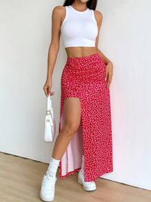 SHEIN EZwear Váy dài hở vai họa tiết hoa mùa hè cỡ lớn gợi cảm - Đỏ - Xem 1