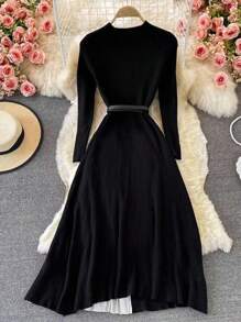 INAWLY 女士优雅修身立领渐变色腰带装饰长袖连衣裙 - 黑色 - 查看 2