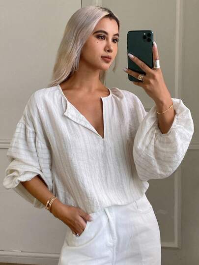 DAZY 女式条纹V领落肩长袖宽松衬衫