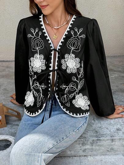 SHEIN Frenchy Women's  All-Season Fall Women Clothes Casual Floral Embroidery Lace-Up Jacket ,Rave Outfits Festival  , Business Casual Woman,Elegant Going Out Wear  Teacher Outfits For Women Fall Women Clothes Winter Clothes For Women Winter Clothes Cute Tops Women  Women Vintage Clothes Women Old Money Style Women ,Business Casual Woman Office Outfits For Women ,Brunch Outfits For Women