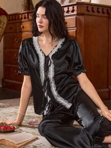 Conjunto de pijama de mujer Côtesoire con volantes fruncidos, decoración de lazo y pantalones con dobladillo de volantes de parche, conjunto de ropa de dormir de seda sintética, estilo elegante de palacio francés