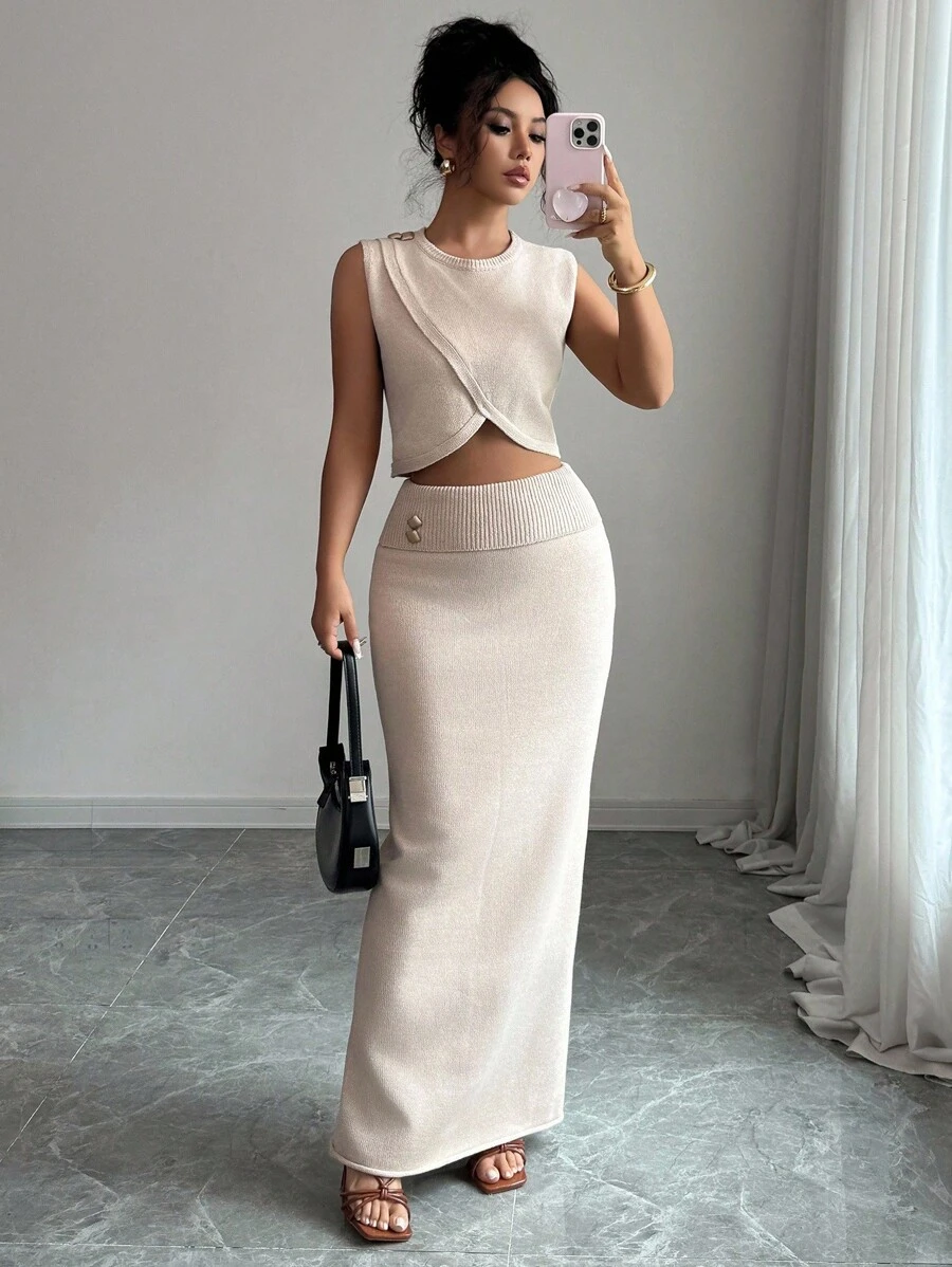 Siren Gaze Conjunto de 2 peças de colete e saia de malha casual de verão feminino, cor sólida - Bege - Ver 1